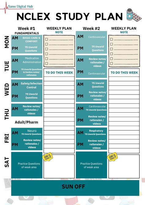 8 weeks plan includes weekly columns to write down your weekly points and important things. Nclex Pn Study Plan, 2 Week Nclex Study Plan, Nursing Study Plan, Nclex Ngn Study Plan, Nursing Nclex Study, Nclex Prep Schedule, Nursing Study Schedule, Nclex Next Gen Study Plan, Saunders Nclex Study Plan