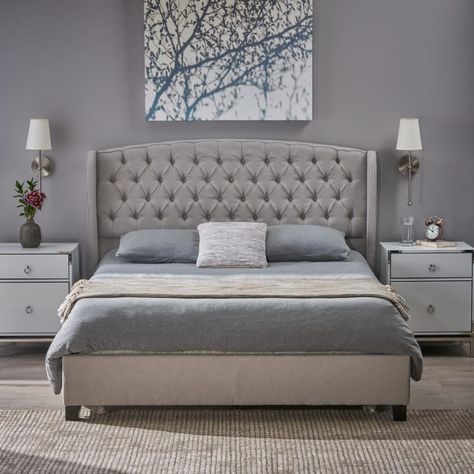 Light Gray Upholstered Queen Bed — Pier 1 Black King Bed, Queen Bed Set, Black Queen Bed, Queen Upholstered Bed, Bedroom Dimensions, Queen Platform Bed, Bed Lights, Queen Bedding Sets, Noble House