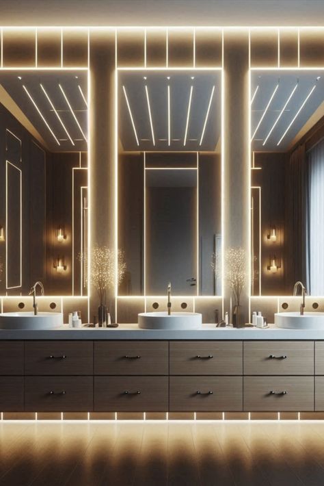 Elevate your bathroom with this triple mirror featuring integrated LED lights. Perfect for couples, this setup above a double vanity ensures you both look your best. #BathroomLighting #LuxuryVanity Double Vanity Lighting, Triple Mirror, Light Up Mirror, Key Home, Lit Mirror, Luxury Vanity, Mirror Ideas, Triple Threat, Vanity Light