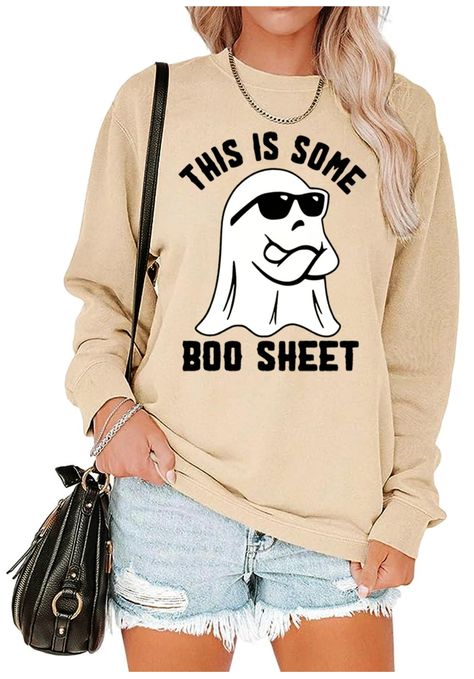 PRICES MAY VARY. Machine Wash Women's This Is Some Boo Sheet Halloween Bleached Sweatshirt Cute Spooky Season Long Sleeve T Shirts Ghost Halloween Funny Gift for Women   Tee Type:Spring,Summer,Fall Tee Length: Regular   Tee Sleev:Long Sleeve   Ghost Halloween Style,This Is Some Boo Sheet Letter Print,Halloween Ghost Funny Gift Women,Fashion and Cool,  Ghost Boo T Shirt Sweatshirt, Halloween Gift Lightweight Sweatshirt,Halloween Classic Crew Neck Tunic Shirts, Autumn Halloween Costumes.Long Sleev Halloween Sweatshirt For Women, Bleached Sweatshirt, Ghost Funny, Ghost Graphic, Womens Bridesmaid Dresses, Sheet Ghost, Funny Gifts For Women, Shirt Packaging, Boo Sheet