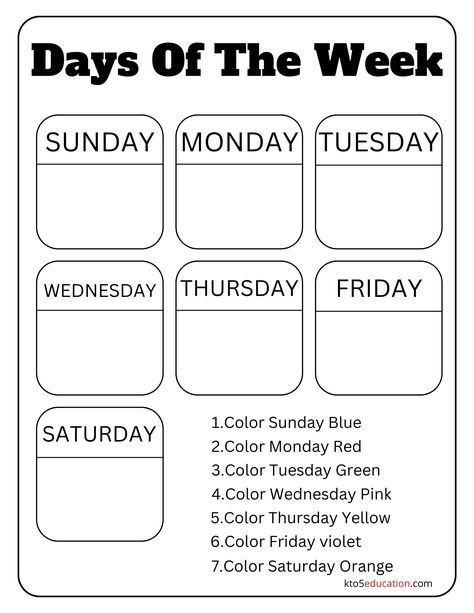 Free 7 Days In a Week Worksheet Check more at https://kto5education.com/free-7-days-in-a-week-worksheet/ Days Of The Week Worksheet Kindergarten, Days In A Week Worksheet, Days Of The Week Worksheet Preschool, Days Of The Week Worksheet, Days Of The Week Activities, Homeschool Preschool Schedule, Words To Spell, Calendar Worksheets, Easter Worksheets