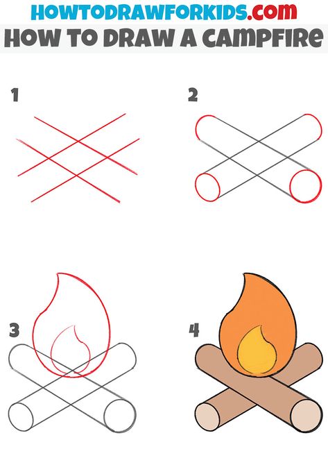 Draw Campfire, Campfire Drawing, Trin For Trin Tegning, Camping Drawing, Kindergarten Drawing, Drawing Lessons For Kids, Easy Cartoon Drawings, Doodle Art Journals, Easy Drawings For Kids