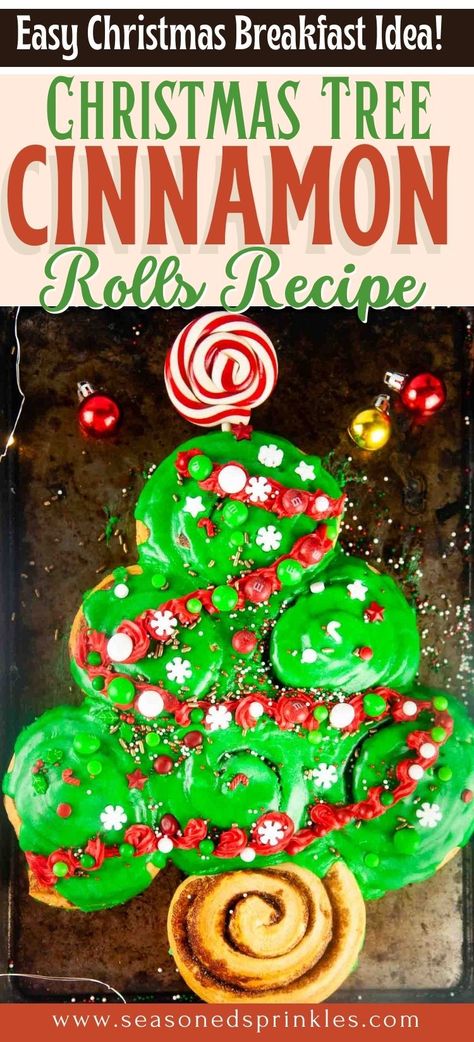 Decorated with candy, sprinkles and red frosting garland, this Easy Cinnamon Roll Christmas Tree for Christmas Morning makes a fun, kid friendly Christmas breakfast. #recipe #cooking #cinnamonrolls #christmastree #baking #breakfast #foodcraft #christmas #christmasbreakfast #cookingwithkids Kid Friendly Christmas Breakfast, Christmas Cinnamon Roll, Cinnamon Roll Christmas Tree, Christmas Breakfast Ideas For Kids, Cinnamon Roll Christmas, Christmas Cinnamon Rolls, Cinnamon Rolls Christmas, Roll Christmas Tree, Red Frosting