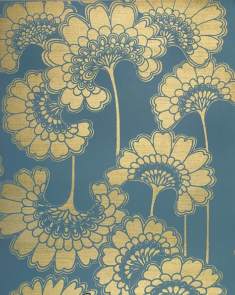 Japanese Floral wallpaper from Borderline Fabrics Fan Flower, Florence Broadhurst, Motif Art Deco, Japanese Textiles, Japanese Patterns, Gold Wallpaper, Flower Motif, Japanese Prints, Signature Print