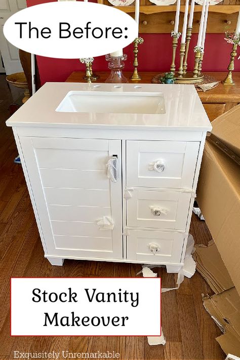 Bathroom stock vanity makeover Vanity Flip Ideas, Bathroom Vanity Diy Makeover, Bathroom Vanity With Wallpaper, Old Bathroom Vanity Makeover, Old Bathroom Vanity, Cheap Vanity, 42 Inch Bathroom Vanity, Cheap Bathroom Vanities, Cottage Style Bathrooms