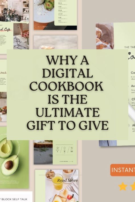 Image with recipe pages with food images scrolling behind a sage green box centered in the image with the words Why a digital cookbook is the ultimate gift to give Digital Cookbook Template, Create A Cookbook, Witchy Kitchen, Digital Recipe Book, Cookbook Design, Cookbook Template, Recipe Book Templates, Foodie Recipes, Book Template