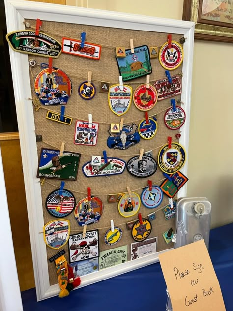 Eagle Scout Shadow Box Display, Scout Display Ideas, Eagle Court Of Honor Ideas, Eagle Scout Centerpieces, Eagle Scout Court Of Honor Ideas, Eagle Scout Project Ideas, Eagle Scout Ceremony, Patches Display, Arrow Of Lights