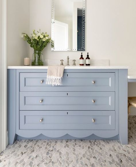 Bria Hammel Interiors on Instagram: "In a sea of blue at our #BHIxMiami Project. 🌊 This darling scalloped vanity deserves its main character spotlight in this bright and beautiful space! #31HuesOfWinterBlues #bhilivebeautifully​​​​​​⁣ ⁣ 📷: @spacecrafting_photography" Bria Hammel, Blue Vanity, Southern House, Miami Houses, Beautiful Dining Rooms, Powder Rooms, Bathroom Trends, Girls Bathroom, Blue Bathroom