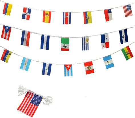 I used these on the string the first year I had them in my classroom, but then cut them down and posted the individual flags with labels for each country. They looked really good on my classroom wall! Each flag size: 8.5 x 5.5 inches (21 x 14 cm). The flags are made of 100% polyester, and are well-stitched into the banner string, so the whole thing is durable. The print quality of the flags is also quite good. As an Amazon Associate I earn from qualifying purchases. Sports Bars, Holiday Party Themes, Spanish Speaking Countries, Hanging Flag, Flag Banners, School Event, Pennant Banners, Flag Sizes, Classroom Walls