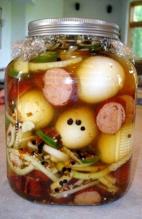 Classic tavern pickled eggs. Hot And Spicy Pickled Eggs, Pickled Egg Sausage And Onions, Pickled Duck Eggs, Hawks Bar Room Pickled Eggs And Sausage, Cajun Pickled Eggs Recipe, Pickled Eggs Sausage And Onions, Pickled Sausage Recipe Homemade, Pickling Eggs Recipe, Pickled Sausage And Eggs