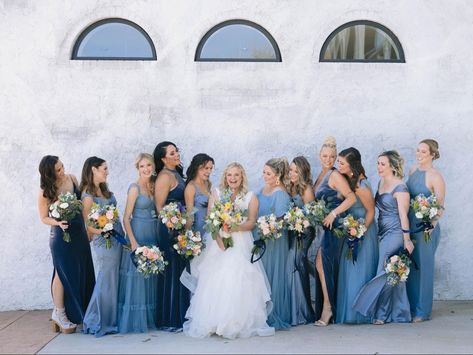 Medium Blue Bridesmaid Dresses, Stormy Blue Bridesmaid Dresses, Moody Blue Bridesmaid Dresses, Dark Blue Bridesmaid Dresses Mismatched, Shades Of Blue Wedding Party, Different Shades Of Blue Bridesmaids, Bridesmaid Dresses Blue Shades, Bridesmaid Apparel, Denim Bridesmaid Dresses