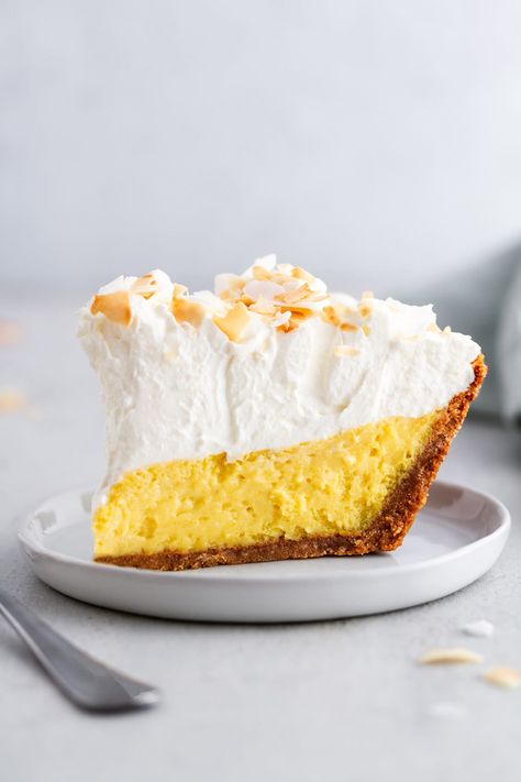 Creamy Mango Pie Recipe -- A delicious homemade cream pie with a graham cracker crust, fresh mango custard filling, a mountain of whipped cream and a toasted coconut topping. girlversusdough.com @girlversusdough #girlversusdough #dessert Mango Pie Recipe, Mango Custard, Mango Pie, Homemade Graham Cracker Crust, Coconut Flour Pancakes, Sweet Pies, Fruity Treats, Homemade Graham Crackers, Mango Dessert