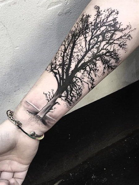 25 Intricate Tree Tattoos for Men in 2020 - The Trend Spotter Tree Sleeve Tattoo, Tree Tattoo Forearm, Tree Tattoo Arm, Oak Tree Tattoo, Forearm Tattoo Design, Forest Tattoos, Tree Tattoo Designs, Geniale Tattoos, Tree Of Life Tattoo