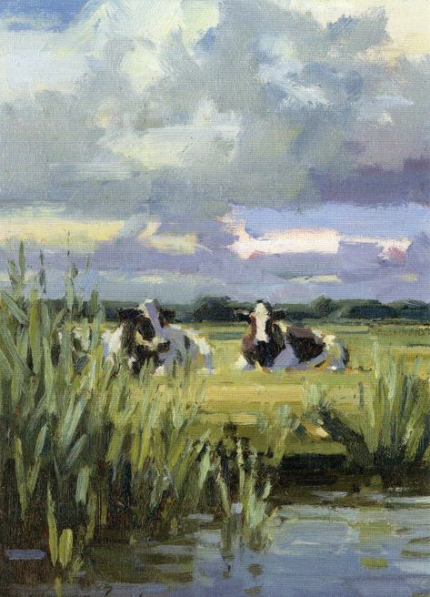 Cows In Field Painting, Cows Grazing Fields, Cow Landscape Painting, Cow Watercolor Painting, Calf Painting, Farming Art, Cow Landscape, Cows Painting, Farm Animal Prints