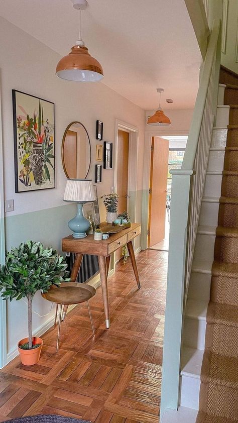 Where To Put Accent Wall In Bedroom, Two Tone Entryway, Playful Pops Of Color, Bright Hallway Paint Colors, Colourful Hallways, Long Hallway Decorating Entry Ways, Muted Maximalism, Home Entrance Ideas Entryway, Hallway Entrance Decor