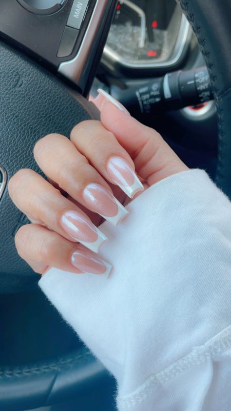 Crome Nails Design French Tip, French Nails Chrome Square, Chrome French Nails Coffin, Crome Nails French Tip, Coffin French Tip Nails Chrome, French Tip With Chrome Square, Chrome French Coffin, Chrome Tip Nails Square, Square French Tip With Chrome