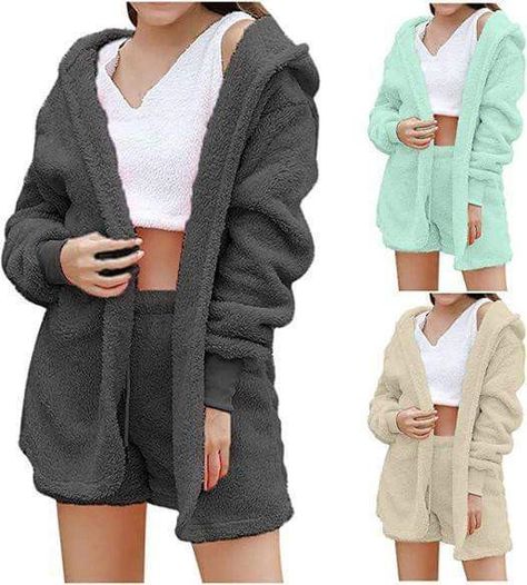 Sherpa Cardigan, Pajama Outfit, Womens Pajama, Pajamas Sets, Fleece Pajamas, Crop Top And Shorts, Womens Pyjama Sets, Hooded Cardigan, Loungewear Sets