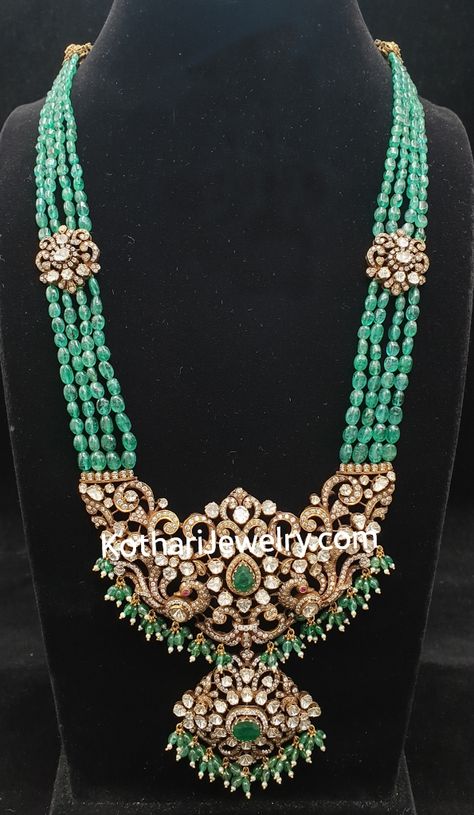 Uncut Long Haram, Victorian Locket Gold, Green Beads Long Haram Gold, Victorian Sets Gold, Emerald Beads Haram, Victorian Long Haram, Victoria Gold Jewellery Design, Victorian Beads Jewelry, Victoria Haram