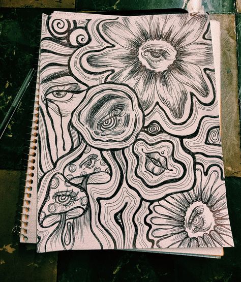 Hypnotic Drawings, Abstract Drawing Ideas, Large Drawings, Arte Indie, Arte Grunge, Hippie Painting, Black Art Painting, Grunge Art, Doodle Art Designs