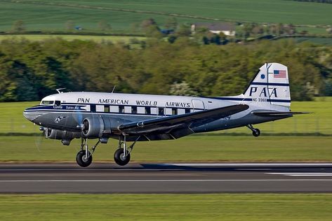 A Douglas DC-3 in the post war markings of Pan American World Airways lands at Prestwick Airport in Scotland on May 20th 2019. The first of 12 DC-3 and C-47 aircraft following the original " Blue Spruce " flight path as used during WW2 from the USA to Europe. Part of the D Day Squadron ta… • Millions of unique designs by independent artists. Find your thing. A380 Cockpit, Douglas Dc3, Douglas Aircraft, Passenger Aircraft, Vintage Planes, Navy Aircraft, Vintage Airlines, Vintage Aviation, General Aviation