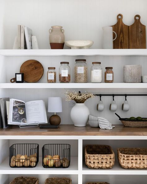 Christina Aldana (@ellisandhale) • Instagram photos and videos Kitchen Open Shelving Pantry, Open Pantry Styling, Pantry Styling Open Shelves, Kitchen Cabinet Cup Organization, Kitchen Organization Shelves, Modern Pantry Organization, Pantry With Countertop, Open Shelf Pantry, Kitchen Floating Shelf