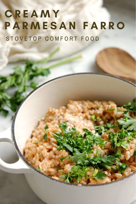 Nutty farro cooked cooked simply with broth, garlic, onion, and parmesan cheese for the world's easiest, creamy comforting whole grain recipe. Farro is wonderfully satisfying and easy to make as a side dish or even pasta substitute. Here, everything gets cooked together stovetop for a simple, inspired side. . . . . . #springrecipes #wholegrain #italianrecipes #keto #healthyrecipes #dinner #comfortfood #easydinnerrecipes Sweet Farro Recipes, Farro Grain Bowl Recipe, Fall Farro Recipes, Farro And Spinach Recipes, Recipe With Farro, Healthy Grain Side Dishes, Farro Risotto Recipes, Farro Side Dish Recipes, Farro Side Dish