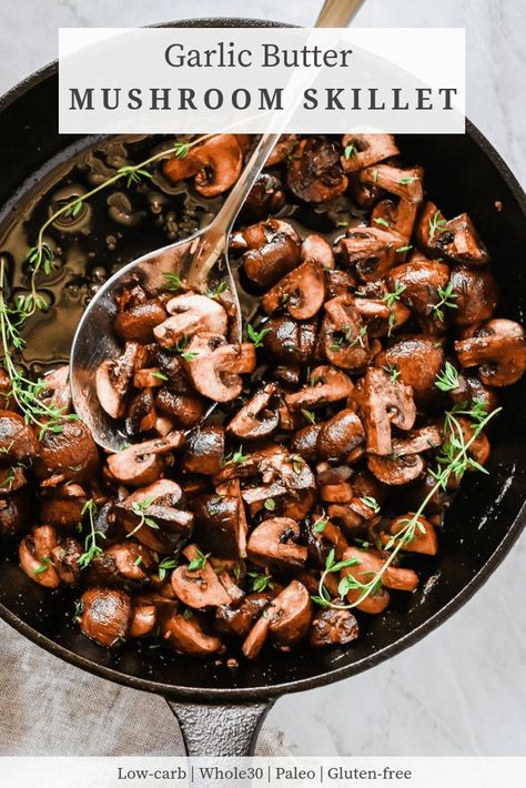 Easy Garlic Butter Mushroom Skillet is made with clarified butter and lots of garlic and thyme. It’s a great side dish that goes well with everything such as chicken, steak or fish and it’s done in just 10 minutes. #mushroom #sidedish Vegtables Sides, Steak Zucchini, Veggies Meals, Mushroom Skillet, Mushroom Zucchini, Recipes Illustration, Zucchini Mushrooms, Easy Garlic Butter, Garlic Butter Mushrooms