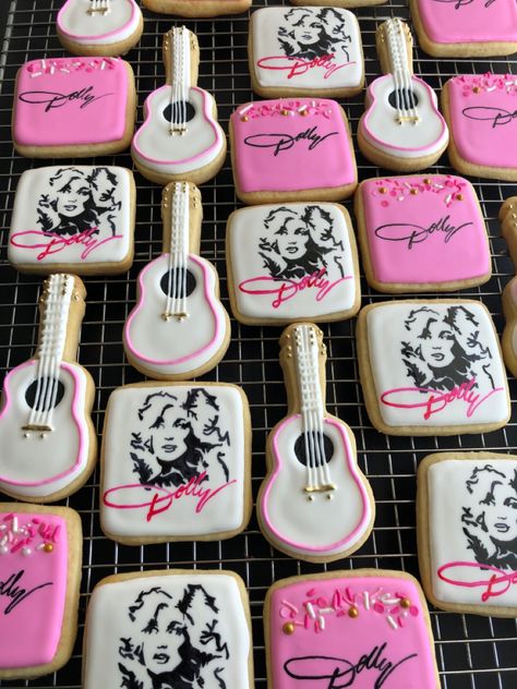 Handpainted, royal icing sugar cookies Nashville Birthday Cookies, Dolly Parton Graduation Party, By Dolly Shes One Party, What Would Dolly Do Party, Dolly Parton Cookies Decorated, Dolly Parton Kids Birthday Party, Dolly Parton Themed Bachelorette Party, Dolly Parton First Birthday, Dolly Parton Birthday Party Ideas