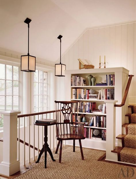 Space Above Stairs, Upholstered Window Seat, Blue And White Lamp, Stair Nook, Landing Ideas, Staircase Landing, Nook Ideas, Stair Landing, Pinterest Style