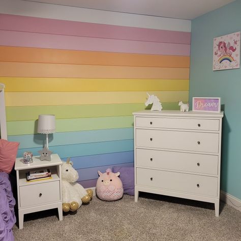 Rainbow Wall Bedroom, Pastel Rainbow Bedroom Ideas Kids, Playhouse Color Scheme, Shiplap Rainbow Wall, Pastel Rainbow Girls Bedroom, Rainbow Wall Paint Girl Rooms, Rainbow Accent Wall Girl Rooms, Rainbow Shiplap Wall, Toddler Rainbow Room