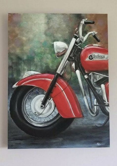 Motorcycle Indian, Motorcycle Art Painting, Red Motorcycle, Canvas Oil Painting, Motorcycle Painting, Indian Chief, Motorcycle Art, Oil Painting Portrait, Indian Motorcycle