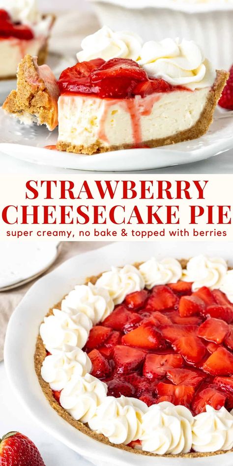 This delicious strawberry cream cheese pie is the perfect berries and cream dessert. It's completely no bake with a deliciously creamy cheesecake filling, berry tipping, and whipped cream #strawberry #creamcheesepie #cheesecakepie #recipe #berries from Just So Tasty https://www.justsotasty.com/strawberry-cream-cheese-pie/ Strawberry Cheesecake Design, Cream Cheese Cool Whip Cheesecake, Strawberry Cheesecake Decoration Ideas, Strawberry Pie Filling Desserts, Berries And Cream Dessert, Strawberry Cream Cheese Pie Recipe, Strawberry Cheesecake Pie, Strawberry Cream Pie Recipe, Cheesecake Pies