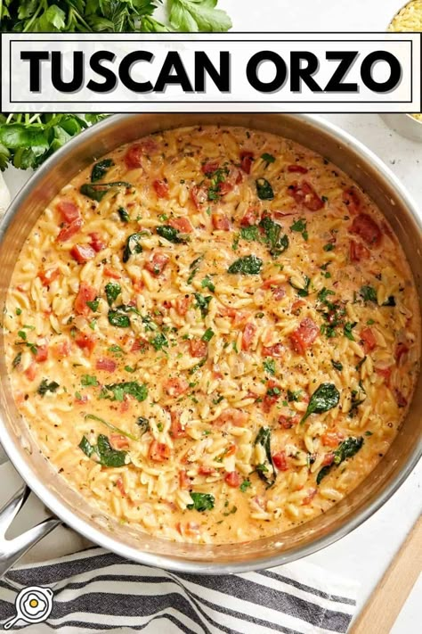 Tuscan Orzo, Orzo Dinner Recipes, Orzo Pasta Recipes, Orzo Dishes, Simple Family Meals, Orzo Recipes, Chicken Meal Prep, Chicken Pasta Recipes, Mediterranean Diet Recipes