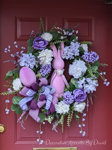 Spring/Easter grapevine wreath with lavender flocked bunny and egg attachments mixed greenery, white and shades of purple florals and ribbon.

#decorativeaccentsbydavid #davidreina #davidreinadesigns #spring #springwreath #easter #easterwreath #wreath #wreaths #homedecor #decor #wreathforhome #wreathforfrontdoor #grapevine #grapevinewreath #flockedbunny #flockedegg #greenery #florals #white #purple #lavender #whimsical #walmartbunny Easter Grapevine Wreath, Easter Deco Mesh Wreath, Rabbit Wreath, Easter Spring Wreath, Easter Craft Decorations, Spring Easter Crafts, Flower Arrangements Simple, Easter Floral, Easter Bunny Wreath