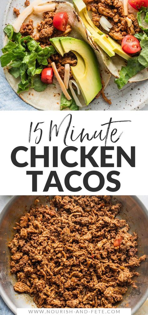 These Ground Chicken Tacos are super delicious, quick, and easy to make for a weeknight meal everyone will enjoy with no hassle! Protein-packed chicken, plenty of taco seasoning, and a little of your favorite salsa make the magic. Just add your favorite toppings and dig in! Chicken Tacos Ground, Ground Chicken Taco Skillet, Ground Chicken Tacos Recipes, Fed And Fit Ground Chicken Tacos, Ground Chicken Sausage, Chicken Taco Meat Recipe, How To Season Ground Chicken, Chicken Taco Meat, Sausage Tacos