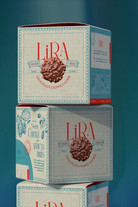 The packaging design for Lira, conceptualized by Alexandra Pombo, embodies an elegant aesthetic reminiscent of the 1950s. The vintage-inspired visual identity evokes a sense of nostalgia and quality, promising an exceptional taste wrapped in timeless charm. Lace Packaging Design, European Packaging Design, Food Lable Designing, Vintage Inspired Packaging, Packaging Design Concept, French Bakery Packaging Design, Heritage Packaging Design, Elegant Package Design, Vintage Box Packaging