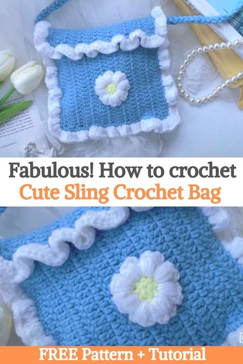 Crochet Side Bag Free Pattern, Crochet Butterfly Bag Free Pattern, Cute Spring Crochet Bag, Crochet Side Bag, Crochet Puff Flower Bag Tutorial, Crochet Bag With Ruffle, Crochet Diys, Flower Puff Crochet Bag, Crochet Cute