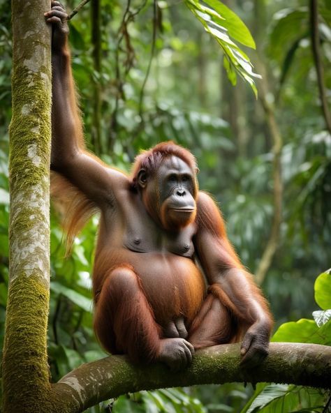 Create a highly detailed, National Geographic-style image of a Bornean orangutan sitting on a tree branch in a lush tropical forest. The orangutan should have rich, reddish-brown fur, with a calm and reflective expression, set against a backdrop of dense, green foliage and mist. The sunlight filters softly through the leaves, casting a gentle glow on the orangutan’s fur and the surrounding nature. #WildlifePotrait #OrangutanWisdom #BorneanBeauty #EndangeredSpecies #PrimateConservation #Jungle... Bornean Orangutan, Brown Fur, Tropical Forest, Green Foliage, Reddish Brown, Primates, Endangered Species, Tree Branch, National Geographic