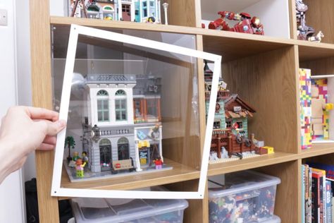 Lego House Display Ideas, Lego Display Ikea Hack, Lego Storage Furniture, Display Case For Lego Sets, Lego Building Display Ideas, Enclosed Lego Display, Display Shelf For Collectibles, Lego Display In Office, Dust Free Lego Display