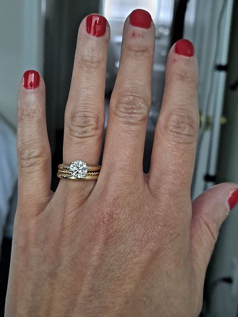 Stacked Round Engagement Ring, Gold Round Engagement Ring Stack, Flush Wedding Ring Set, Round Diamond Ring Stack, Wedding Band Stack Ideas Round Solitaire, Round Diamond Engagement Rings With Band, Round Solitaire Engagement Ring Stack, Mixed Metal Wedding Rings Stack, Thick Gold Wedding Band