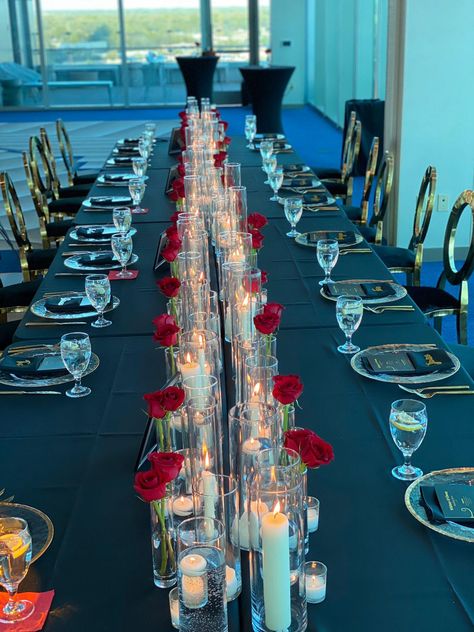 Red Sweetheart Table Wedding, Red Roses Dinner Table Settings, Black And Red Roses Party Decor, Red Black And White Engagement Party, Red And Black Engagement Party, Red And Black Table Setting, Black And Red Table Setting, Red Roses And Candles, Candle Tablescapes Wedding