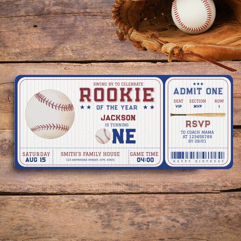 Rookie Year First Birthday, Baseball Ticket Invitation, 1st Birthday Baseball, Baseball First Birthday, Sports Birthday Invitations, Bat Ball, Baseball Ticket, Rookie Of The Year, Baseball Party