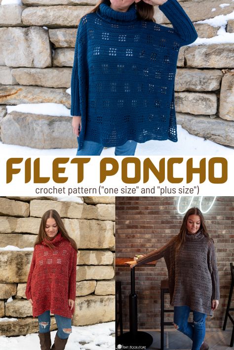 Available in One Size or Plus Size, this poncho with sleeves is roomy, flowy, and warm. It's got a peek-a-boo effect... it's simply fabulous! Crochet Poncho With Sleeves, Poncho Crochet Pattern, Poncho With Sleeves, Crochet Charts, Crochet Poncho Free Pattern, Poncho Crochet, Filet Crochet Charts, Crochet Poncho Patterns, Crochet Shawls And Wraps