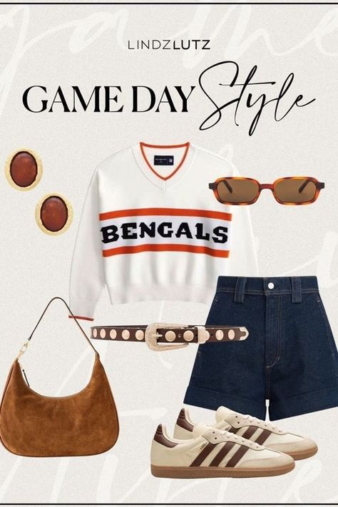 Ready for game day? Needing outfit ideas for the next football game or tailgating party you're going to? Here is one of my favorite looks that will look great all day, no matter what game day holds! Comfortable, stylish, and so fun. Find these pieces here! Cincinnati Bengals Game Day Outfit, Bengals Game Day Outfit, Bengals Outfit, Cincinnati Bengals Outfit Woman, Game Day Looks, Cincinnati Bengals Sweatshirt, Bengals Apparel, Statement Jacket, Game Day Outfit