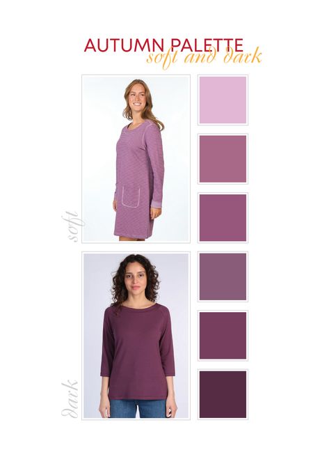 Autumn palette for soft and dark autumn color type in purple Autumn Palette, Dark Autumn, Soft Autumn, Fall Colors, Purple, Beauty, Color