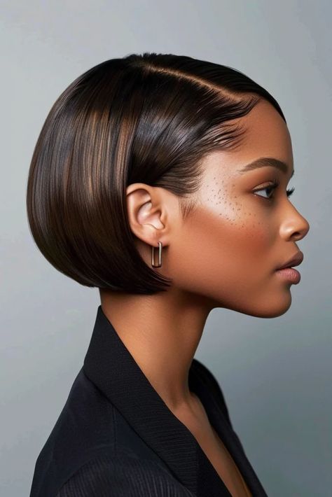 25 Trendy Ear Length Short Bob Hairstyles To Try In 2024 - Pinch Of Glam Pixie Bob Haircut Brunette, African American Medium Length Hairstyle, Short Layered Bobs For Thick Hair, Flat Bob Hairstyles, Classy Bob Hairstyles, Short Black Hair Bob, Short Hairstyle Women Oval Face, Short Blowout Hairstyles Black Women, 20s Bob