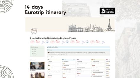 2 Weeks Eurotrip - Notion Itinerary template - Travel Template Notion Itinerary, Itinerary Template Free, Travel Template, Student Dashboard, Personal Workspace, Aesthetic Notion, Web Design Marketing, Smart System, Digital Organization