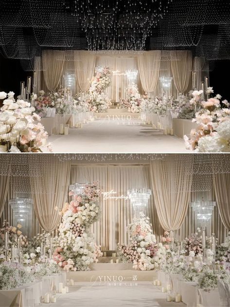 Korean Wedding Reception Decorations, High Ceiling Wedding Decor, Debut Stage Decoration, Ballroom Wedding Decoration, Classic Elegant Wedding Decor, Backdrop Ideas For Wedding, Korean Wedding Decorations, Debut Backdrop, Draping Wedding Reception