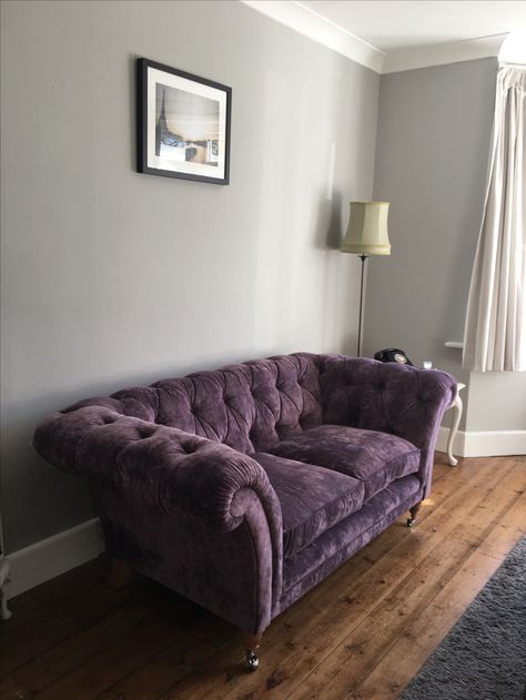 Walls painted in pavilion grey Farrow & Ball, velvet sofa from Laura Ashley Dark Purple Sofa, Plum Velvet Sofa, Purple Velvet Sofa Living Rooms, Purple Sofa Living Room Ideas, Purple Sofa Living Room, Plum Living Rooms, Plum Sofa, Plum Living Room, Purple Living Room Furniture