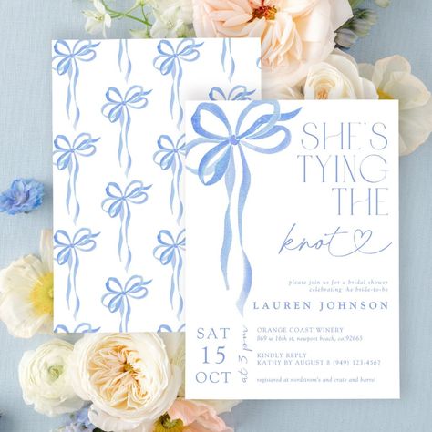 Bow She's Tying the Knot Blue Bridal Shower Invitation Blue And White Bridal Shower Invitations, Bows And Pearls Bridal Shower Theme, Bridal Shower Decor Blue, Bridal Shower Themes Blue, Baby Blue Bridal Shower Ideas, She’s Tying The Knot Bridal Shower Invites, Bridal Shower Something Blue, Bridal Shower Blue Theme, She’s Tying The Knot